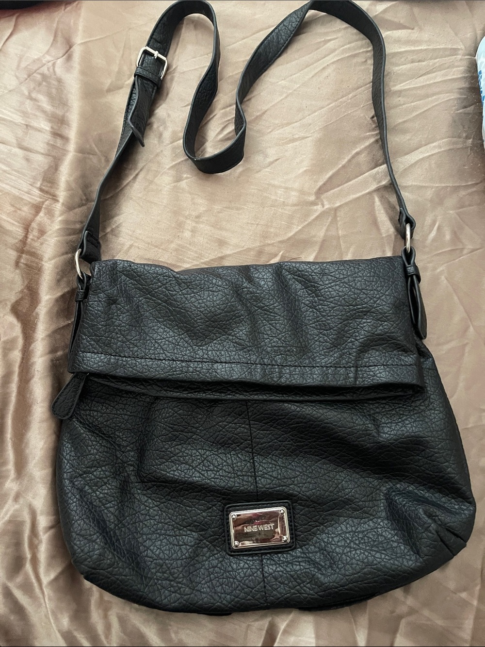 Nine West Black Pebbled Fold-Over Crossbody Bag